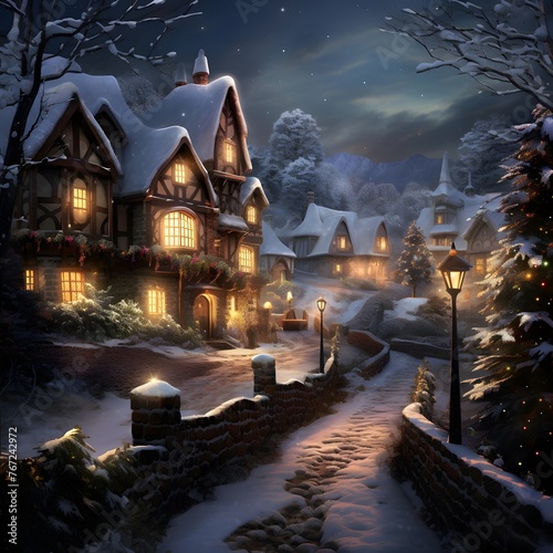 Winter night in the village. Christmas and New Year's concept.