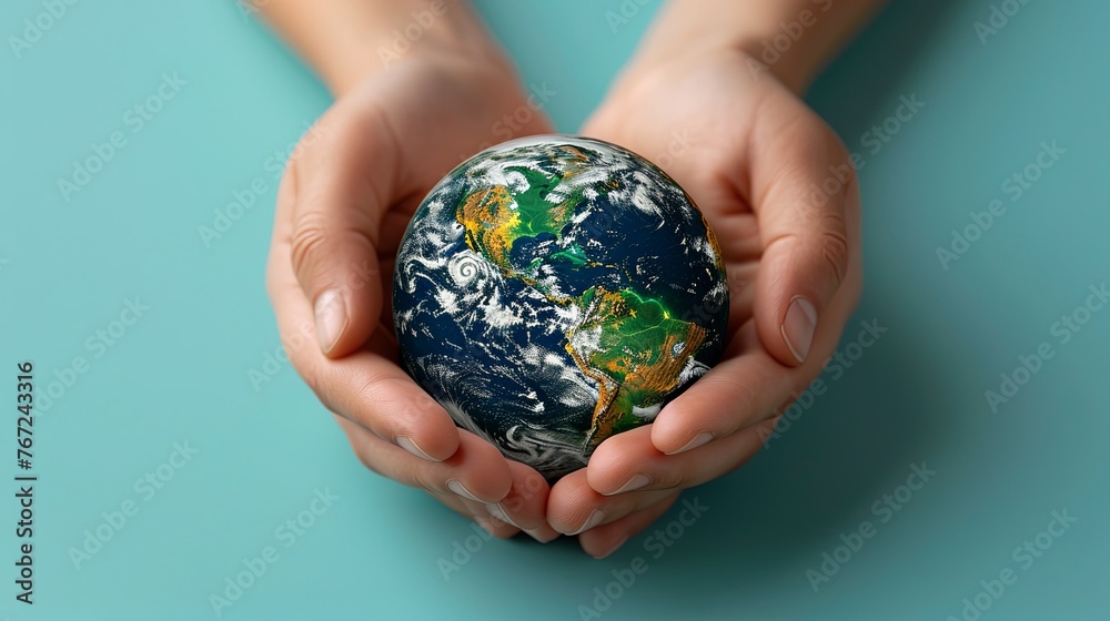 Two hands cradle a miniature Earth against a vivid blue background, symbolizing care and responsibility for our planet. World environment day, Earth world protection concept. Generative AI. Two hands cradle a miniature Earth against a vivid blue background, symbolizing care and responsibility for our planet. World environment day, Earth world protection concept. Generative AI.