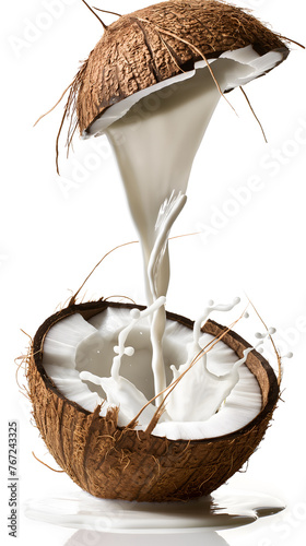 Dynamic Splash of Milk in Half Coconut on White Background