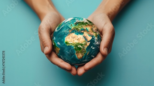 Two hands cradle a miniature Earth against a vivid blue background, symbolizing care and responsibility for our planet. World environment day, Earth world protection concept. Generative AI.