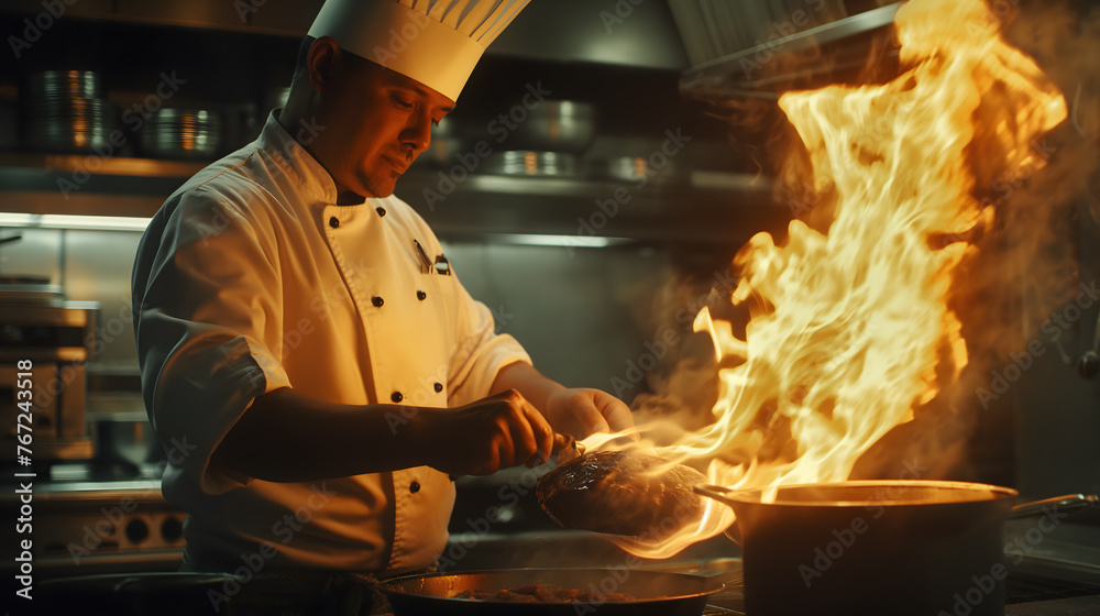 Professional Chef Cooking a Steak with Flaming Pan in a Restaurant Kitchen Professional Chef Cooking a Steak with Flaming Pan in a Restaurant Kitchen