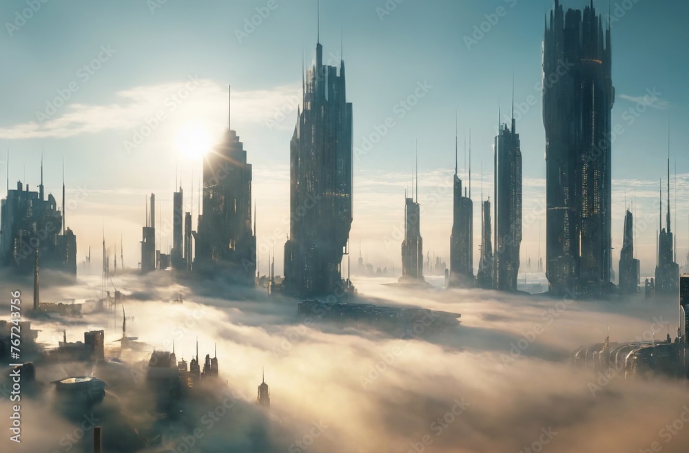 futuristic big city covered with thin fog and beautiful sunlight, generative ai  art