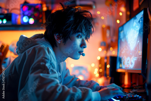 Dynamic Asian Gamer: Streaming Live in Colorful Lighting at Home, Embracing E-Sport Lifestyle and Online Gaming Technology