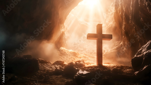 Mystical Sunbeams Illuminating a Cross in a Dark Cave