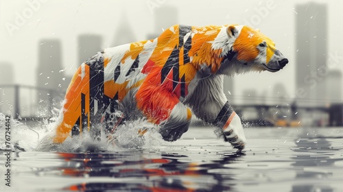 Abstract polar bear running and jumping  in urban flood; Surreal, colorful dynamic polar bear traverses a flooded cityscape, merging wildlife with urban life