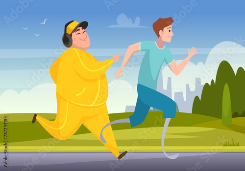 Disabled people running fat and disabled characters making sport exercises outdoor