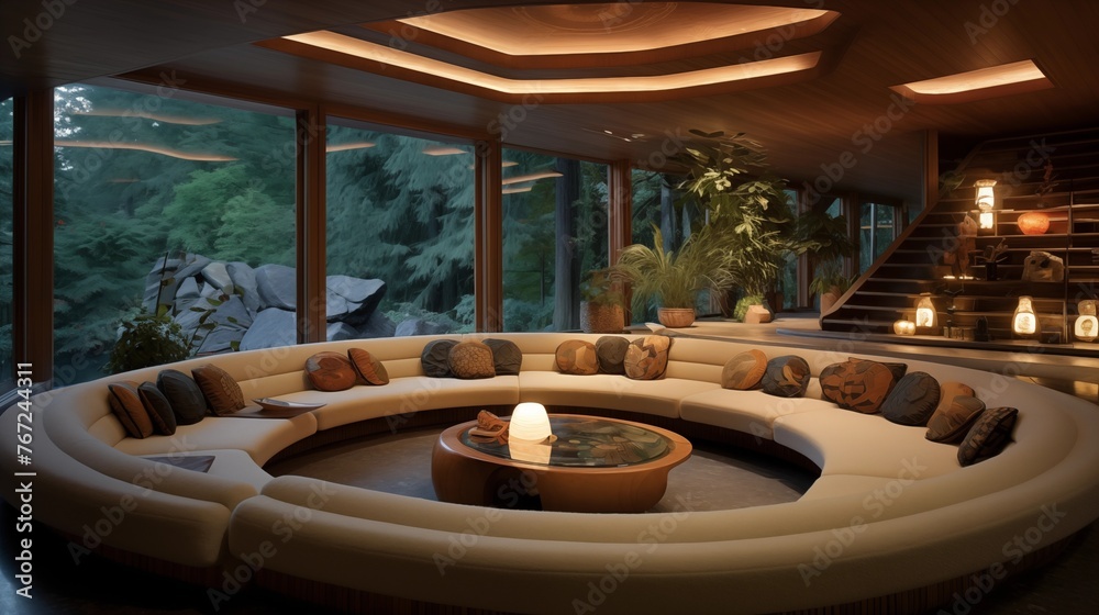 Sunken conversation pit living room with two-story windows built-in wraparound sofa and wood ceiling coffers.