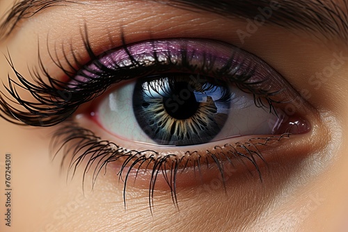 Close-up of a woman's beautiful realistic human eye and amazing reflections, Generative AI.