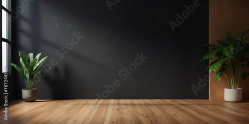 photo empty room with black wall with copy space and plant ai generated
