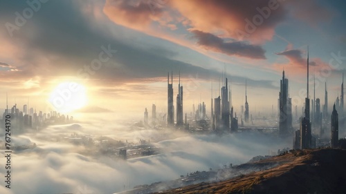 futuristic big city covered with thin fog and beautiful sunlight, generative ai art