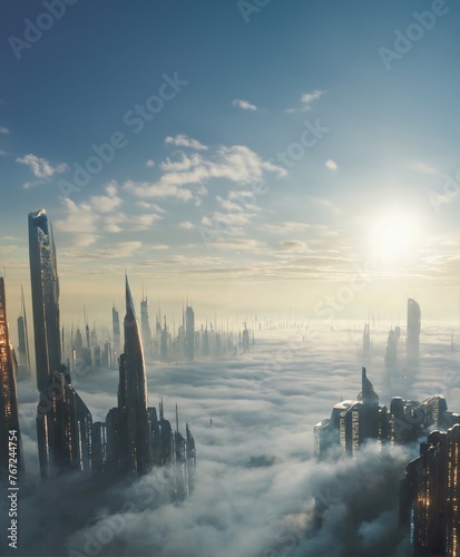 futuristic big city covered with thin fog and beautiful sunlight, generative ai art