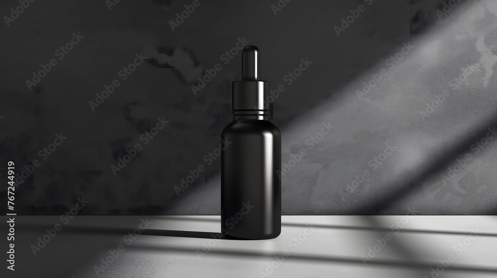 Elegant Black Dropper Bottle on a Textured Surface with Shadows Elegant Black Dropper Bottle on a Textured Surface with Shadows
