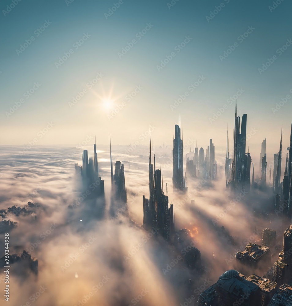 futuristic big city covered with thin fog and beautiful sunlight, generative ai art futuristic big city covered with thin fog and beautiful sunlight, generative ai art