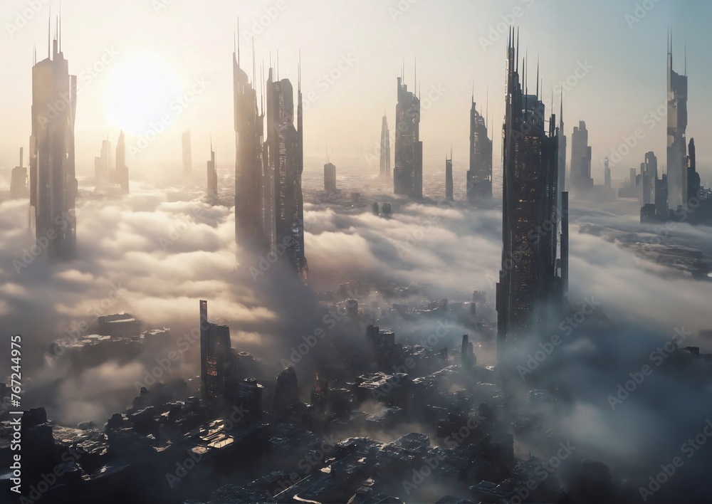 futuristic big city covered with thin fog and beautiful sunlight, generative ai  art