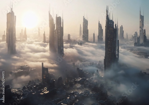 futuristic big city covered with thin fog and beautiful sunlight, generative ai art