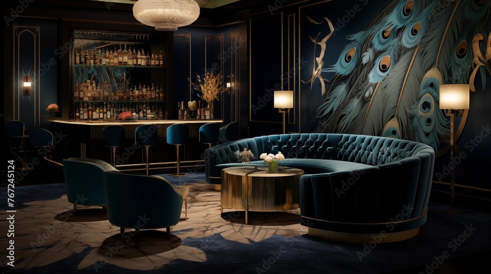 Swanky art deco bar lounge with peacock wallpaper cut velvet accents ...