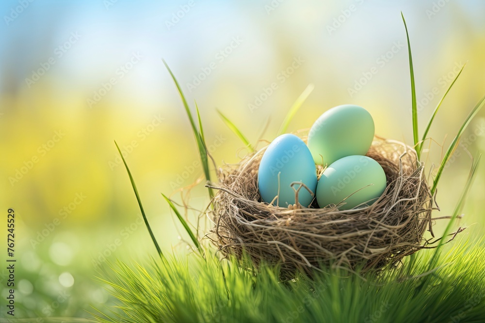 Three painted easter eggs in a birds nest celebrating a Happy Easter on a spring day with a green grass meadow and blurred grass foreground and bright sunlight background with - generative ai Three painted easter eggs in a birds nest celebrating a Happy Easter on a spring day with a green grass meadow and blurred grass foreground and bright sunlight background with - generative ai