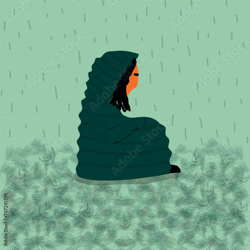 The image consists of a person sitting on the ground, under the rain, with a windbreaker jacket that covers them completely. The image works with concepts such as apathy, the color palette is in aqua 