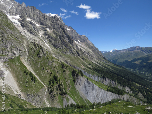 Landscape in the mountainsides of the Mont-Blanc during the summer from the Pointe Helbronner. Alps Chain Mountains. Border between Italy and France.  