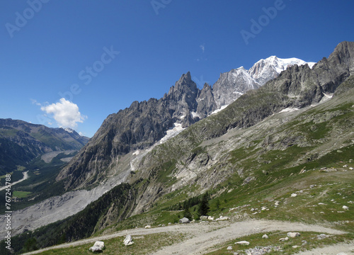 View of the Mont-Blanc (altitude: 4.810 m) the summer. Alps Chain Mountains. Border between Italy and France.