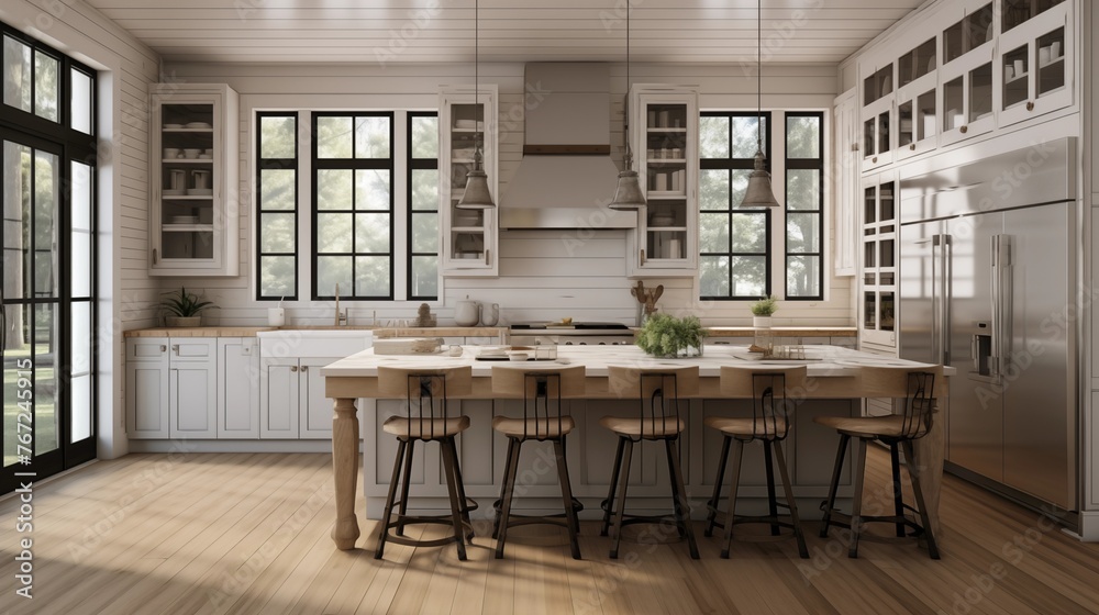 Transitional modern farmhouse kitchen with custom wood range hood shiplap walls steel windows and hardwood floors throughout.