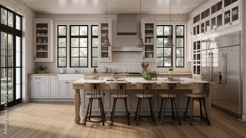 Transitional modern farmhouse kitchen with custom wood range hood shiplap walls steel windows and hardwood floors throughout. © Aeman