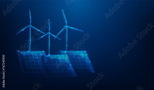 Renewable energy solar panel and wind turbine lowpoly wireframe technology background. vector illustration fantastic digital design. sustainable ecology concept.