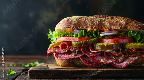 Submarine sandwich with salami and pickles photo