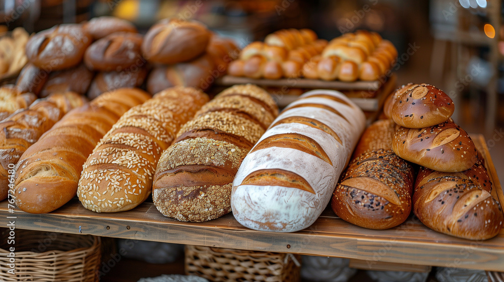 Bakery concept, different breads on the shelves Bakery concept, different breads on the shelves