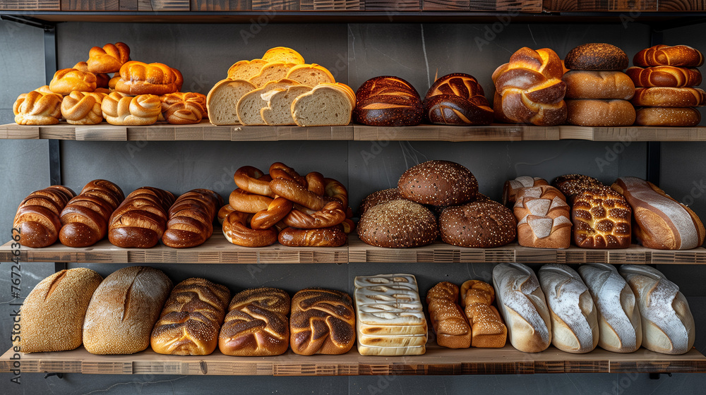 Bakery concept, different breads on the shelves