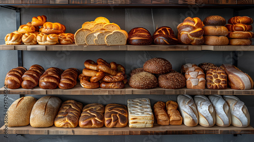 Bakery concept, different breads on the shelves