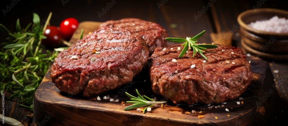 Two beef steaks are resting on a wooden cutting board, ready to be cooked. These animal products are great ingredients for a delicious recipe