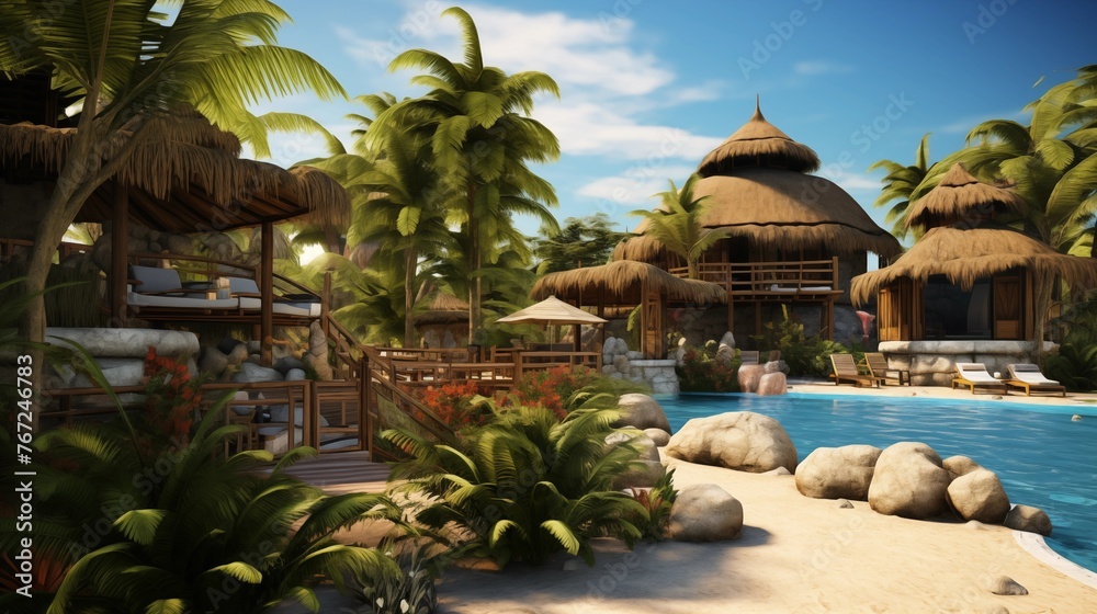 Fototapeta premium Tropical island resort with open-air palapas and thatched roofs.