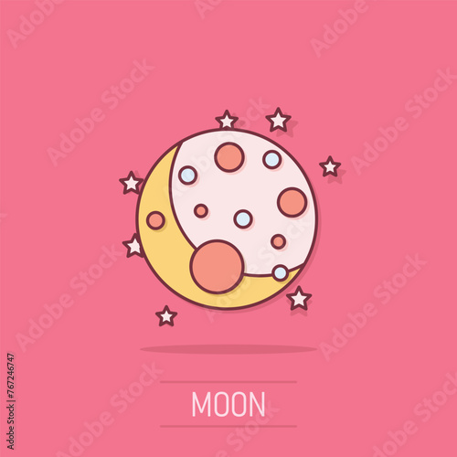 Planet in space in comic style. Moon and stars cartoon vector illustration on isolated background. Astronomy splash effect  sign business concept. photo