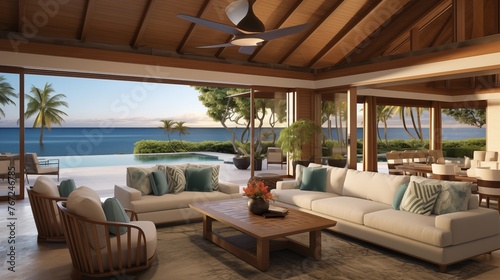 Tropical indoor/outdoor bungalow living room with tongue-and-groove ceilings seamless indoor/outdoor flow and resort views.