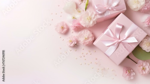 A beautifully arranged Mother's Day banner featuring two pink gift boxes surrounded by delicate floral decorations. © PZ Studio