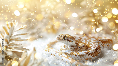 The concept of the new year 2025. The concept of the year of the snake. A shimmery greeting banner with an image of a snake, fir branches, and Christmas tree toys. Realistic photography.
