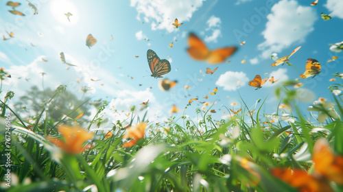Vibrant Butterflies Flying Amongst Wildflowers Under Sunny Sky