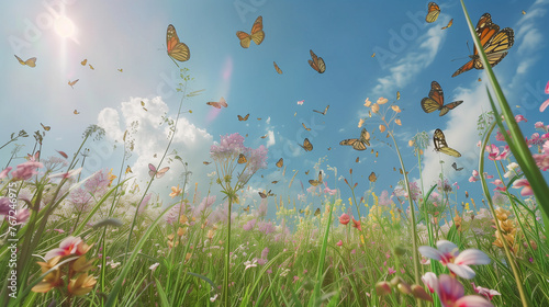 Vibrant Butterflies Flying Amongst Wildflowers Under Sunny Sky