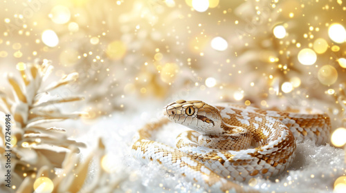 The concept of the new year 2025. The concept of the year of the snake. A shimmery greeting banner with an image of a snake  fir branches  and Christmas tree toys. Realistic photography.