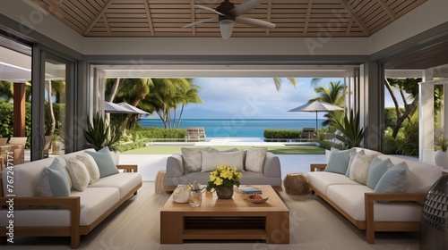 Tropical modern lanai with vaulted beadboard ceilings huge bifold door walls and indoor/outdoor living room.
