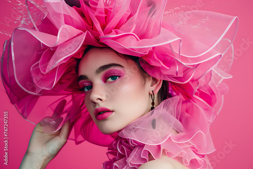 Fashion model wearing avant-garde couture, isolated on a striking magenta background, embodying creativity and high fashion