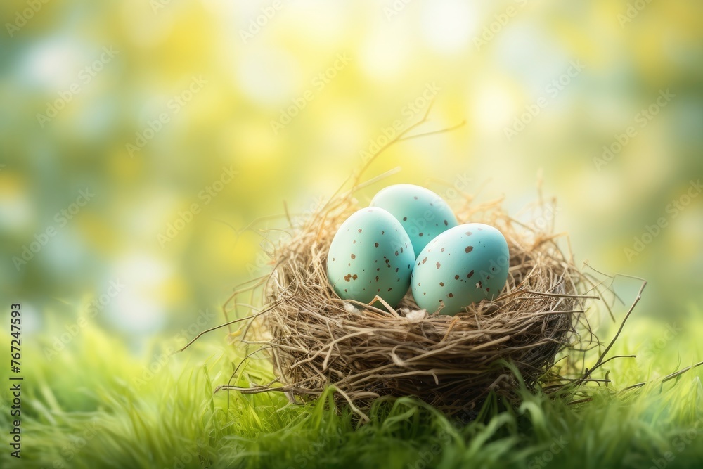Three painted easter eggs in a birds nest celebrating a Happy Easter on a spring day with a green grass meadow and blurred grass foreground and bright sunlight background with - generative ai Three painted easter eggs in a birds nest celebrating a Happy Easter on a spring day with a green grass meadow and blurred grass foreground and bright sunlight background with - generative ai