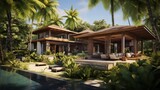 Tropical oasis beach house with open pavilion living areas lush gardens and Balinese resort vibe.