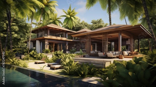 Tropical oasis beach house with open pavilion living areas lush gardens and Balinese resort vibe. © Aeman