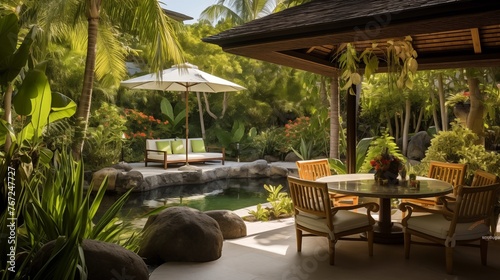 Tropical outdoor living patio with woven furniture thatch umbrellas and serene koi pond water feature. © Aeman