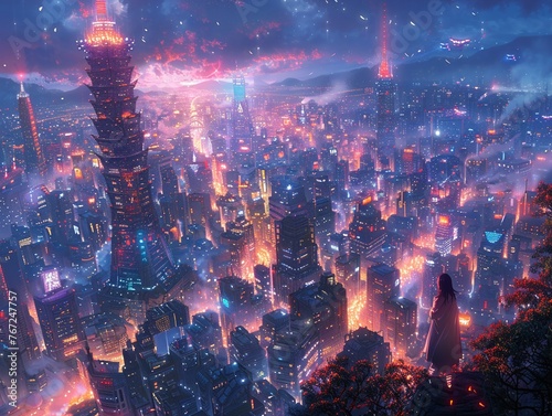 Illustration of a futuristic cityscape in anime style photo