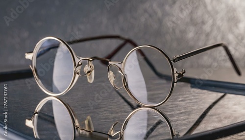 silver bracelet on white, Transparent acetate eyeglasses with round lenses showcased on a reflective surface, ideal for modern optical fashion