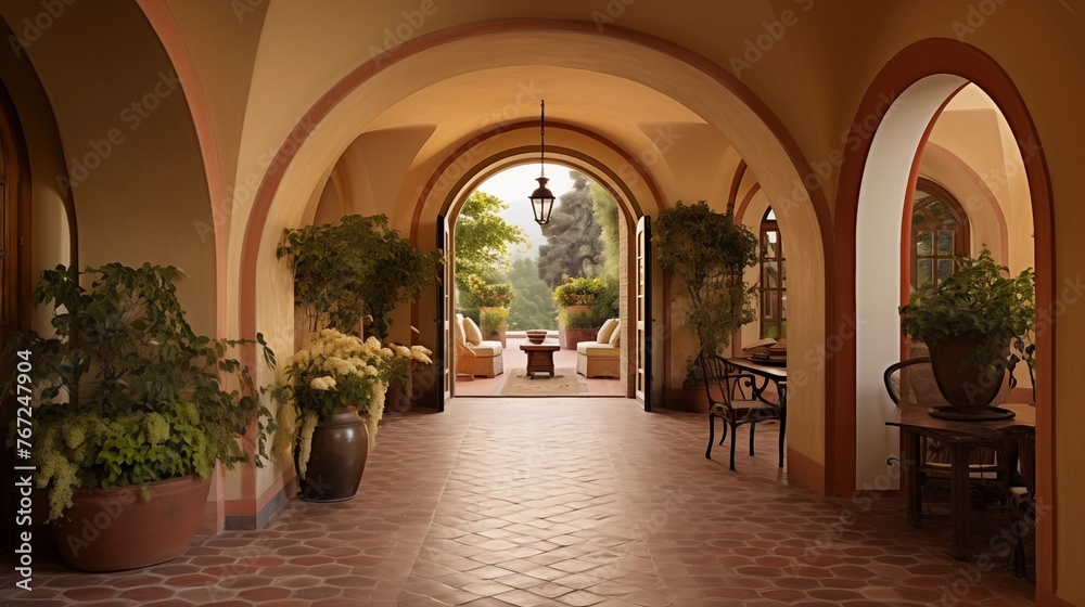 Tuscan villa with terracotta tile floors and arched doorways.