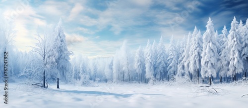 A freezing forest with trees covered in snow and ice, creating a magical natural landscape under the cloudy sky. The horizon blends with the snowy landscape in a serene watercolor painting
